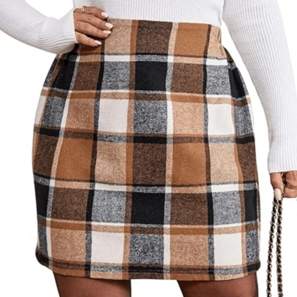Plaid Wool Blend Pencil Skirt Tan Black Ivory Size L Preppy Cabincore NWT